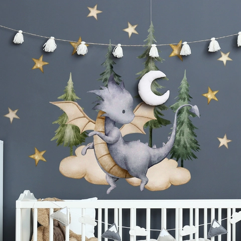 Watercolor Cartoon Dragon Pine Tree Clouds Stars Wall Stickers PVC Decals For Nursery Kids Room Decor