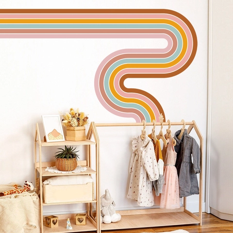 Bohemian Rainbow Wall Stickers PVC Self-Adhesive Wavy Line Decals For Kids Room Living Room Bedroom Decor Retro Style