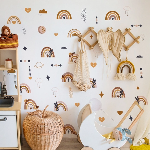 Autocollants Muraux Arc-En-Ciel Bohème Tons Terre Cœur Étoile Nuage PVC Stickers Autocollants Pour Chambre D'Enfant