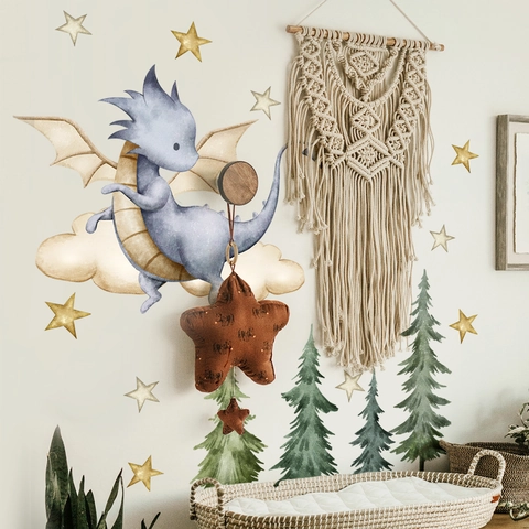 Watercolor Cartoon Dragon Pine Tree Clouds Stars Wall Stickers PVC Decals For Nursery Kids Room Decor
