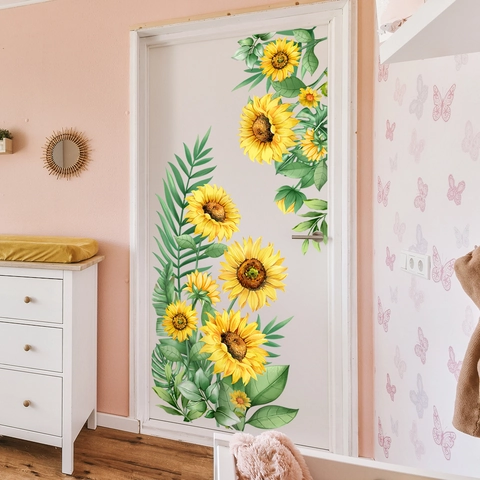 Sonnenblume Wandtattoo PVC Floral Grüne Blätter Aufkleber Für Schlafzimmer Wohnzimmer Kinderzimmer Wandkunst Aquarell Stil