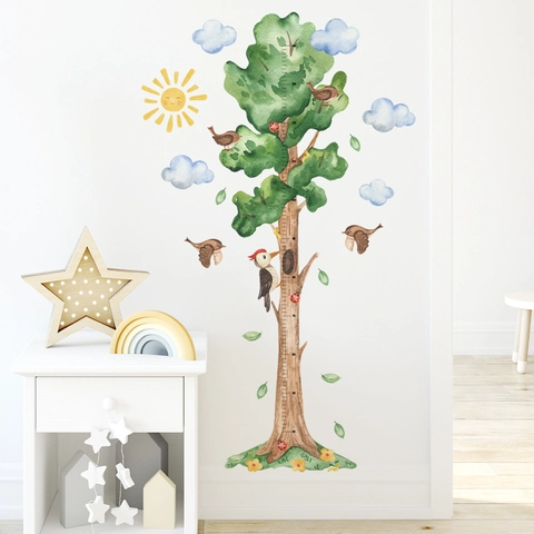 Growth Chart Wall Decal Cartoon Tree Birds PVC Self Adhesive Height Measurement Sticker For Kids Room Nursery Decor