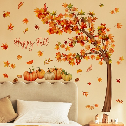 Aquarell Herbst Ahornbaum Kürbis Wandaufkleber Happy Fall PVC Tattoo Für Erntedankfest Zuhause Wohnzimmer Wanddekoration