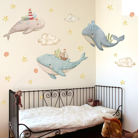 Stickers Muraux Baleine Dessin Animé Nuages Étoiles Autocollants PVC Pour Chambre D'Enfant Décoration Amovible Aquarelle