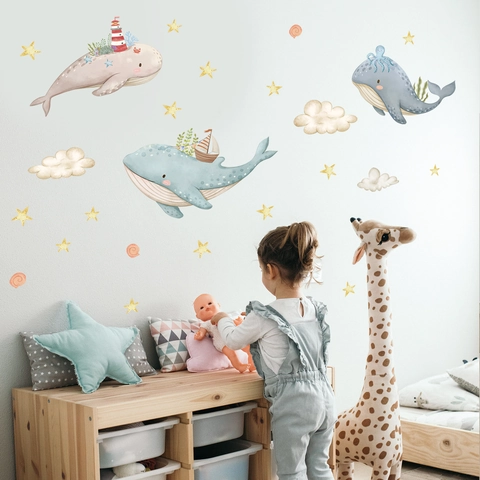 Stickers Muraux Baleine Dessin Animé Nuages Étoiles Autocollants PVC Pour Chambre D'Enfant Décoration Amovible Aquarelle