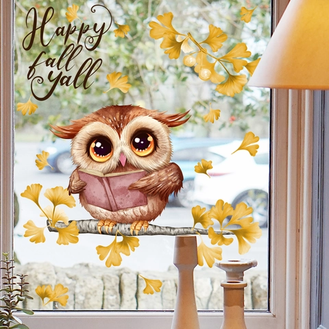 Pegatinas De Ventana De Otoño Búho Hojas De Ginkgo Estática PVC Calcomanía Para Vidrio Decoración Del Hogar