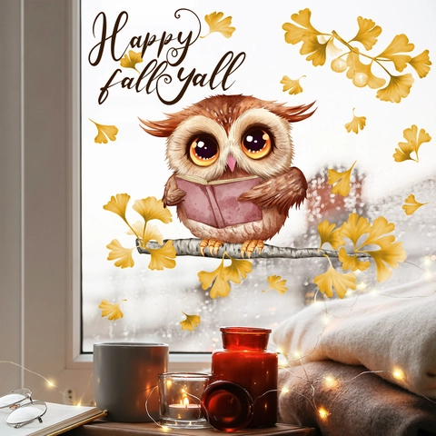 Pegatinas De Ventana De Otoño Búho Hojas De Ginkgo Estática PVC Calcomanía Para Vidrio Decoración Del Hogar