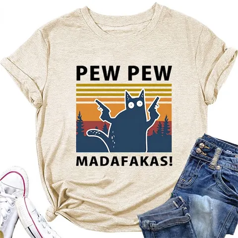 Dames Casual Katoenmix T-Shirt Grappige Cartoon Kat Met Geweren Print Vintage Zonsondergang Grafische Korte Mouw Ronde Hals Top