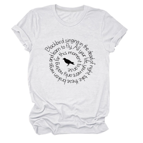 Dames Casual Katoenmix T-Shirt Met Korte Mouwen En Ronde Hals Met Artistieke Vogel En Tekst Grafische Print