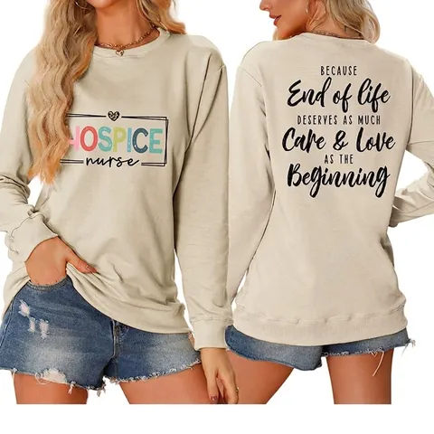 Felpa Donna Stampa Lettera Infermiera Hospice Cotone Poliestere Girocollo Maniche Lunghe Pullover Casual Allentato Top