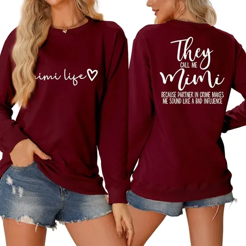 Felpa Da Donna Girocollo Misto Cotone Maniche Lunghe Stampa Lettere Mimi Life Fronte Retro Pullover Casual Morbido