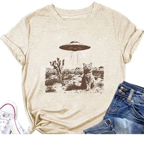 Dames T-Shirt Met Ronde Hals Katoenmix Korte Mouwen UFO Kat Woestijn Geprint Casual Losse Top