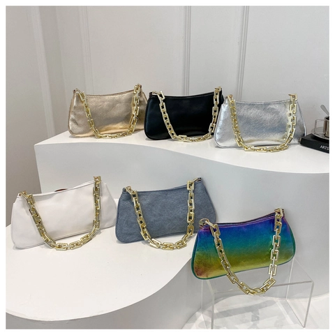 Borsa Sottobraccio da Donna in Pelle PU con Catena Dorata Grossa Borsa a Tracolla Argento Laser Iridescente per Festa