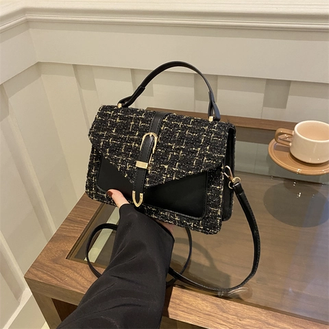 Borsa A Tracolla In Tweed E Pelle PU Piccola Borsa Quadrata Con Patta Fibbia In Metallo Retrò Elegante Da Donna