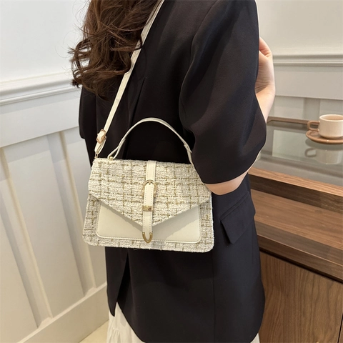 Borsa A Tracolla In Tweed E Pelle PU Piccola Borsa Quadrata Con Patta Fibbia In Metallo Retrò Elegante Da Donna