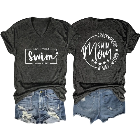 Dames T-Shirt Met V-Hals Katoenmix Korte Mouwen Letterprint Swim Mom Zomer Casual Losse Mode Top