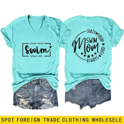 Dames T-Shirt Met V-Hals Katoenmix Korte Mouwen Letterprint Swim Mom Zomer Casual Losse Mode Top