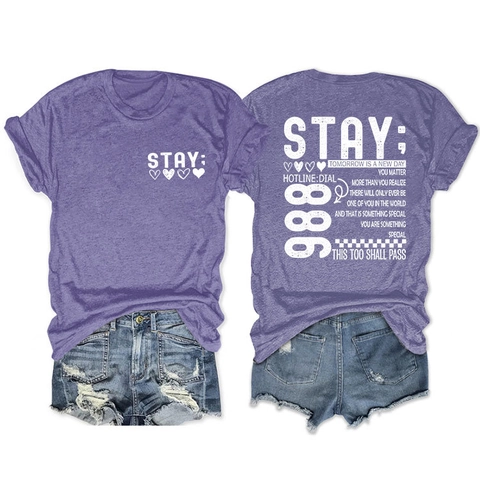 T-Shirt Donna Misto Cotone Manica Corta Girocollo Allentata Stay Semicolon Stampa Lettere Mental Health Awareness Tops