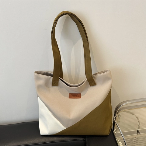Borsa Tote da Donna in Tela Casual a Blocchi di Colore Cuciture Geometriche Grande Capacità Borsa a Tracolla Con Patch Fashion