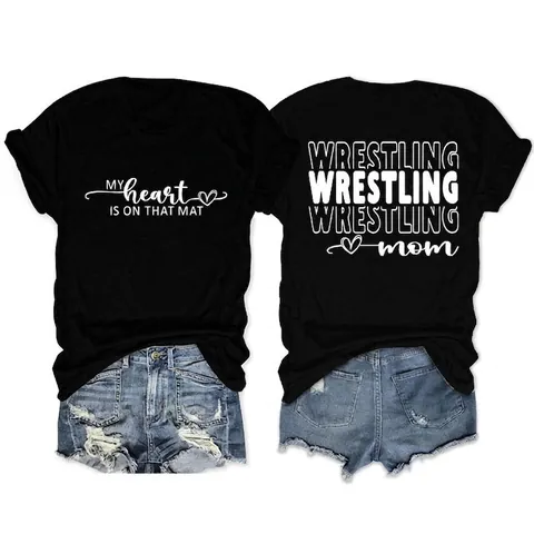 Damen T-Shirt Wrestling Mom Druck Casual Kurzarm Rundhals Weiche Baumwollmischung Oberteile
