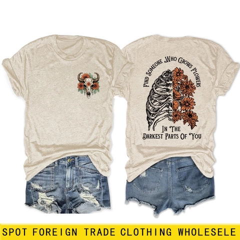 Damen Kurzarm T-Shirt Rundhalsausschnitt Baumwollmischung Totenkopf Blumenmuster Lässig Locker Sommer Tee