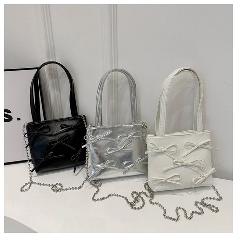 Women Bow PU Leather Shoulder Bag Sweet Chain Crossbody Small Square Bag Top Handle Handbag Party Daily Messenger Bag