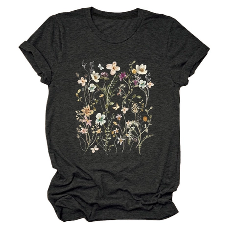 Damen T-Shirt Vintage Blumenprint Baumwollmischung Rundhalsausschnitt Kurzarm Casual Naturstil Locker Sitzendes Pullover Oberteil