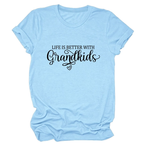 Maglietta Donna Life Is Better With Grandkids Maniche Corte Girocollo Misto Cotone Ampio Top Estate Stampa Lettere