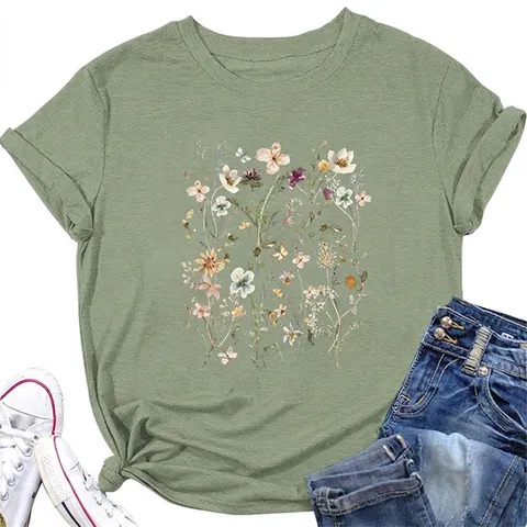 Damen T-Shirt Vintage Blumenprint Baumwollmischung Rundhalsausschnitt Kurzarm Casual Naturstil Locker Sitzendes Pullover Oberteil