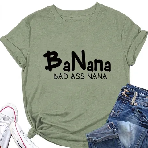 T-Shirt da Donna con Stampa Banana Bad Ass Nana Casual Girocollo Misto Cotone Manica Corta Vestibilità Larga Summer Top
