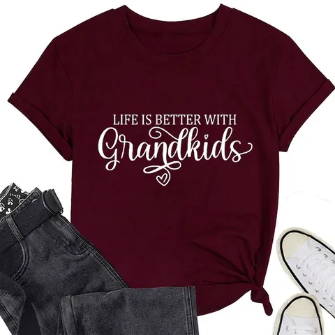 Maglietta Donna Life Is Better With Grandkids Maniche Corte Girocollo Misto Cotone Ampio Top Estate Stampa Lettere