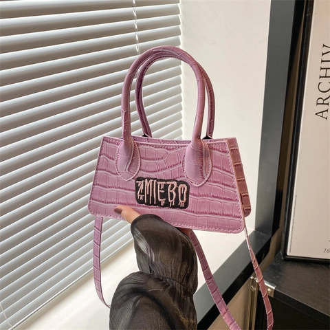 Women's Crocodile Pattern PU Leather Shoulder Bag With Letter Patch Embroidery Sweet Cool Small Crossbody Tote Square Bag