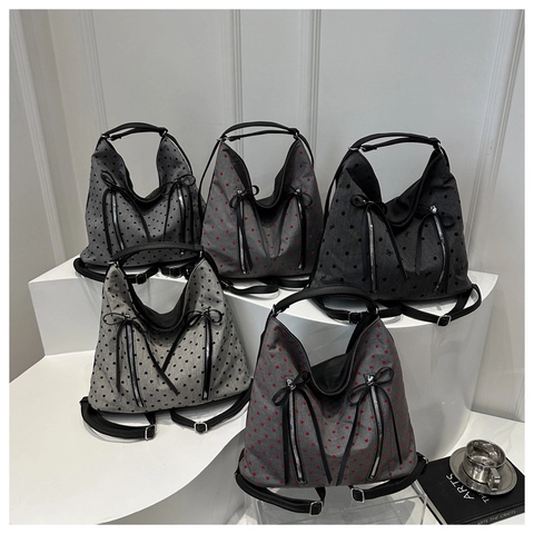 Damen Handtasche Mit Herz Und Punktmuster Canvas Schultertasche Mit Schleife Und Doppelreißverschluss Mode Hobo Tasche