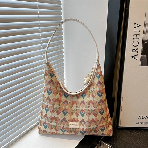 Geometrische Rhombus Gewebte Jacquard Umhängetasche Damen PU Lederriemen Vintage Bohemian Große Kapazität Hobo Tasche
