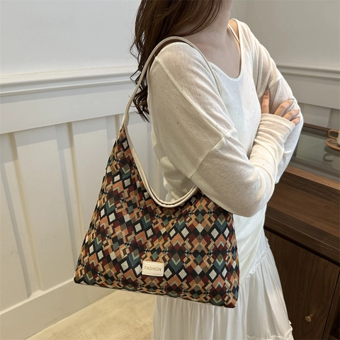 Geometrische Rhombus Gewebte Jacquard Umhängetasche Damen PU Lederriemen Vintage Bohemian Große Kapazität Hobo Tasche