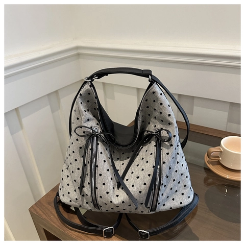 Damen Handtasche Mit Herz Und Punktmuster Canvas Schultertasche Mit Schleife Und Doppelreißverschluss Mode Hobo Tasche