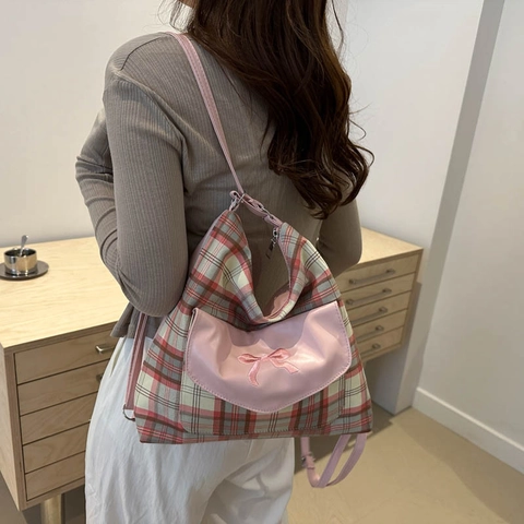 Borsa A Tracolla In Tela A Quadri Ricamo Fiocco Tasca Patta Pelle PU Grande Capacità Borsa Tote Casual