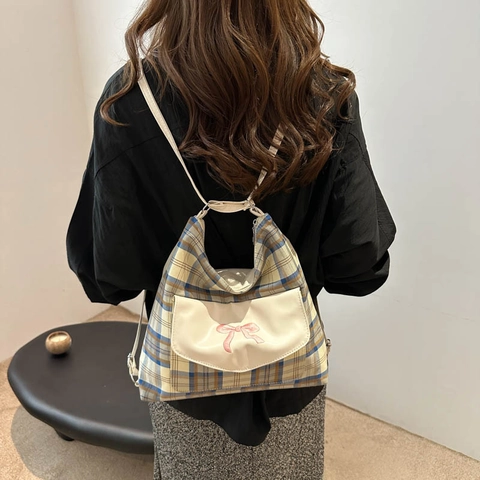 Borsa A Tracolla In Tela A Quadri Ricamo Fiocco Tasca Patta Pelle PU Grande Capacità Borsa Tote Casual
