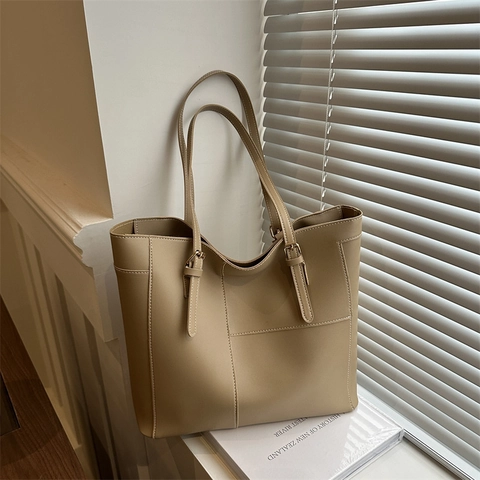Bolso Tote de Cuero Sintético Vintage para Mujer Gran Capacidad Costuras en Contraste Bolso de Hombro Elegante para Diario