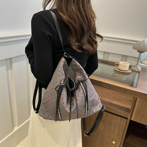 Canvas Stoff Tote Rucksack Punkt Herz Muster Schleife Vertikaler Reißverschluss Große Kapazität Freizeit Pendeltasche Damen