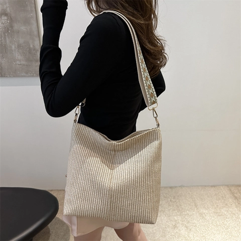 Knitted Woven Crossbody Bag For Women Large Capacity Tote With Bohemian Ethnic Wide Shoulder Strap Casual Commuter Style
