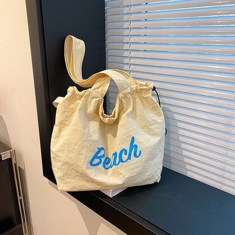 Beach Buchstaben Druck Große Tote Tasche Nylon Segeltuch Kordelzug Lässige Schulterhandtasche Für Damen