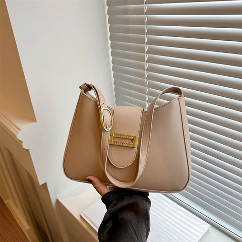 Women PU Leather Underarm Bag French Retro Hobo Shoulder Handbag With Gold Square Buckle Solid Color Minimalist