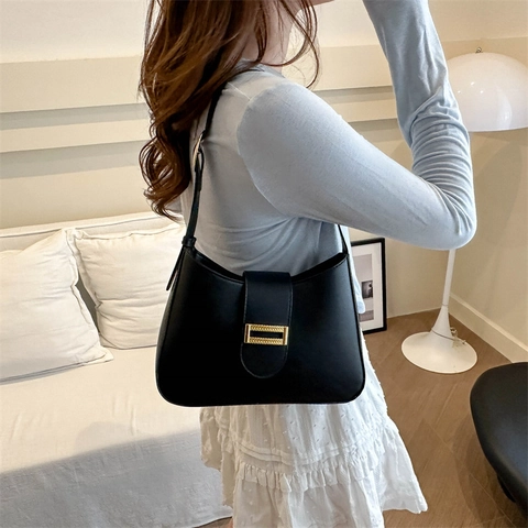 Women PU Leather Underarm Bag French Retro Hobo Shoulder Handbag With Gold Square Buckle Solid Color Minimalist