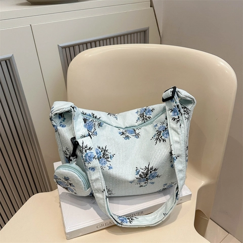Women Crossbody Bag Corduroy Floral Print Shoulder Bag With Adjustable Strap And Detachable Mini Pouch Vintage Casual