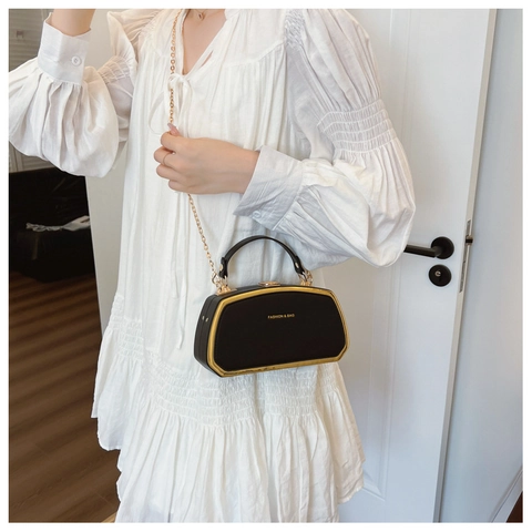 Women Elegant PU Leather Box Bag Golden Metal Frame Small Square Handbag Fashion Chain Crossbody Shoulder Bag For Daily Party