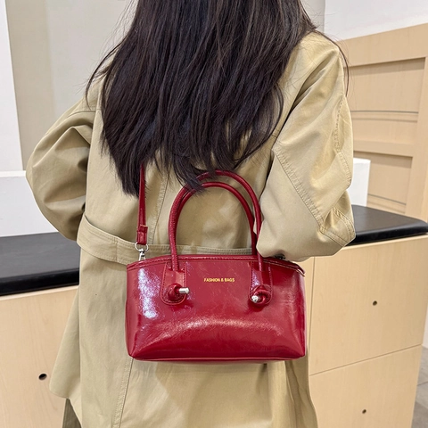 Glanzende PU Leren Handtas Vrouwen Crossbody Tas Dubbele Handvatten Verstelbare Riem Knoop Decor Mode Print Pendelaar Tote