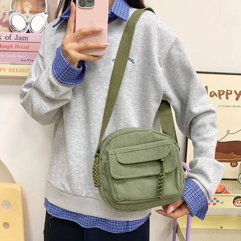 Small Corduroy Crossbody Bag For Women Solid Color Shoulder Pouch With Front Flap Pocket Adjustable Strap Japanese Style