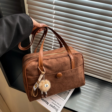 Retro Suede Women Shoulder Bag Large Capacity Minimalist Boston Tote With Cute Plush Charm For Daily Commute Vintage Style