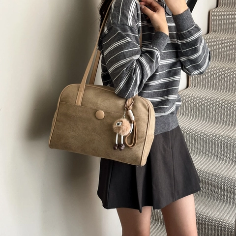 Retro Suede Women Shoulder Bag Large Capacity Minimalist Boston Tote With Cute Plush Charm For Daily Commute Vintage Style